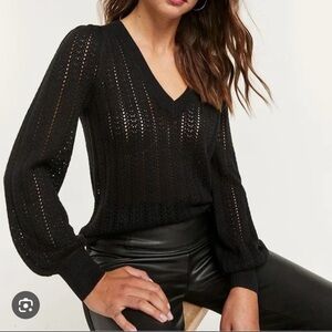 V-neck Pointelle Knit Balloon Sleeve Sweater